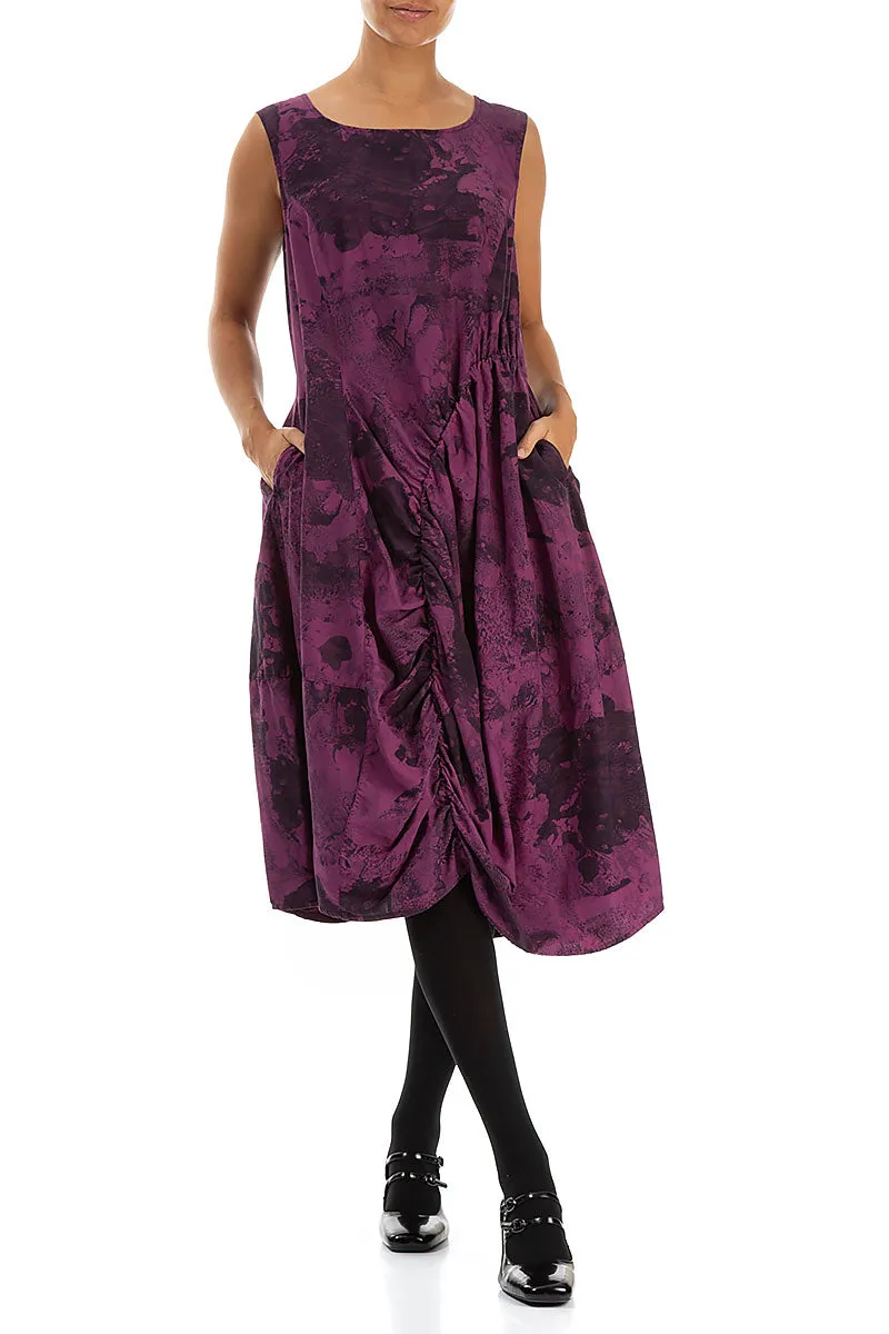 Sleeveless Draped Magenta Marble Silk Cotton Dress