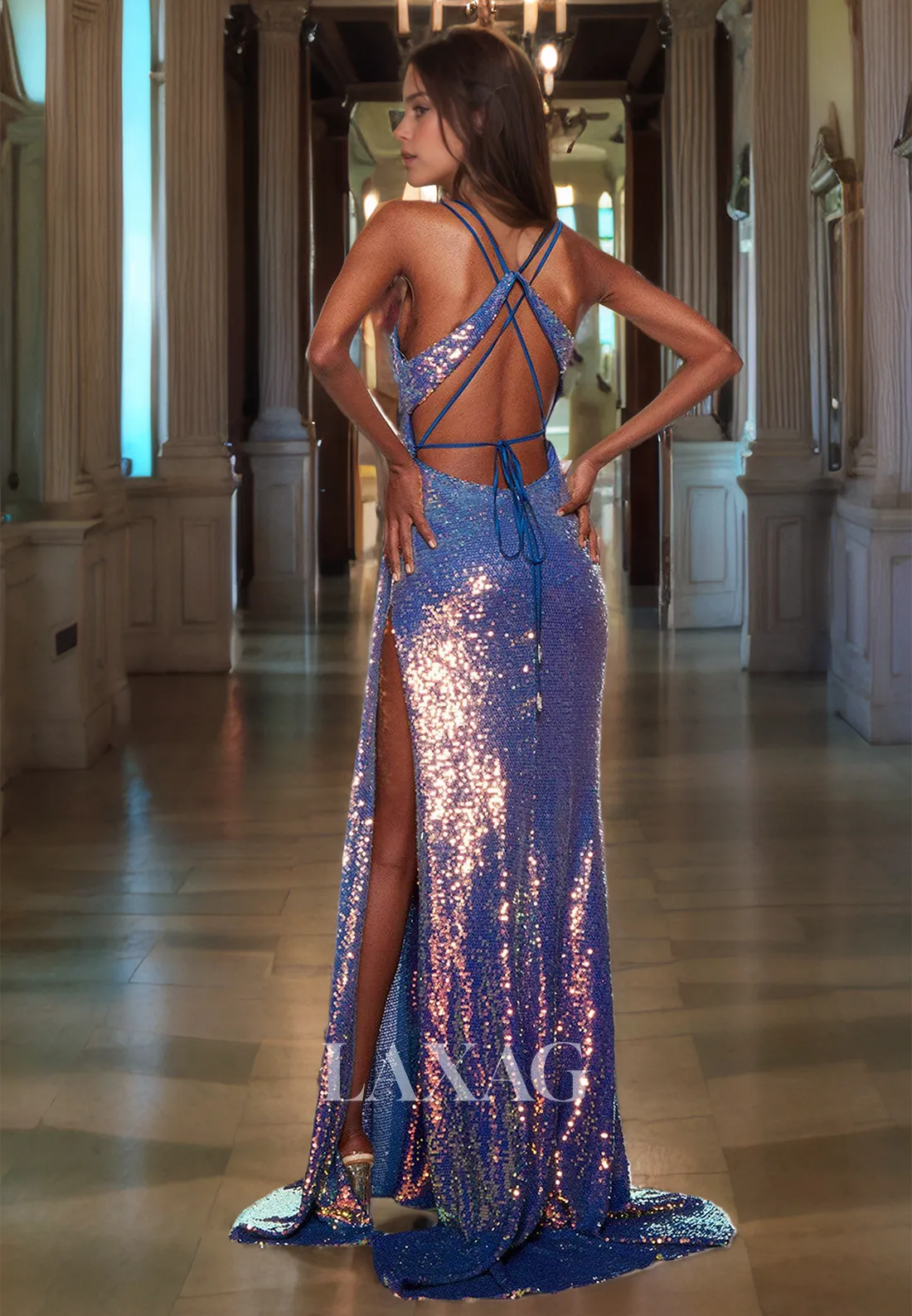 Spaghetti Straps Backless Sequins High Slit Party Prom Formal Evening Dress