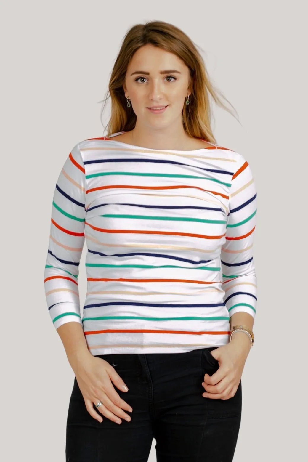 Striped cotton rich slash neck tops