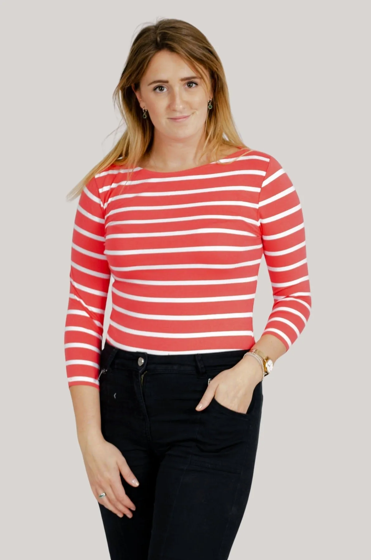 Striped cotton rich slash neck tops