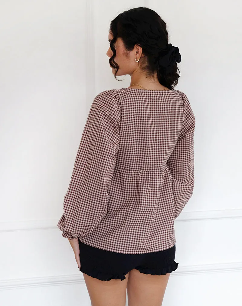 Suzumi Wrap Blouse in Mini Gingham Brown