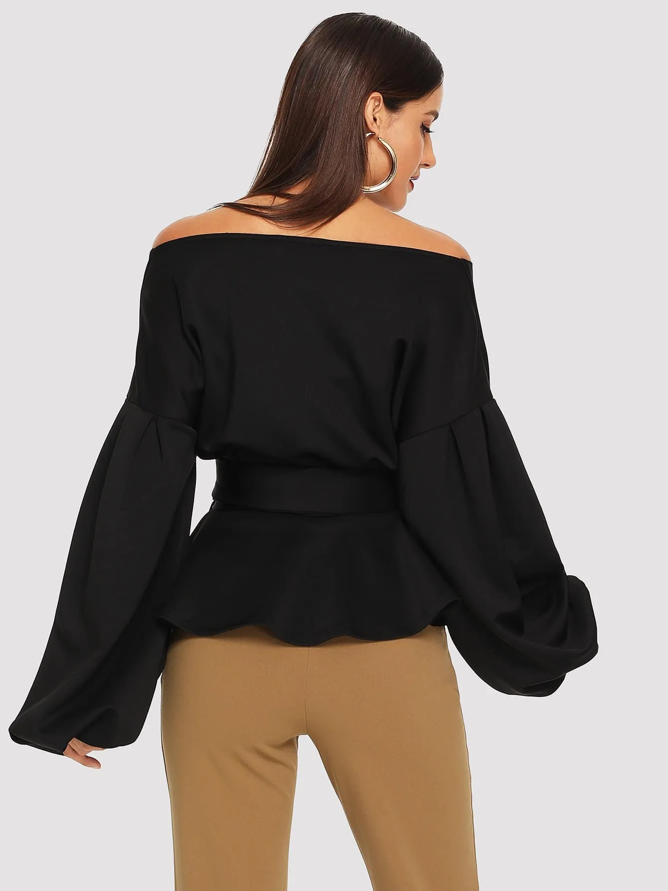 Unity Lantern Sleeve Belted Wrap Off Shoulder Top