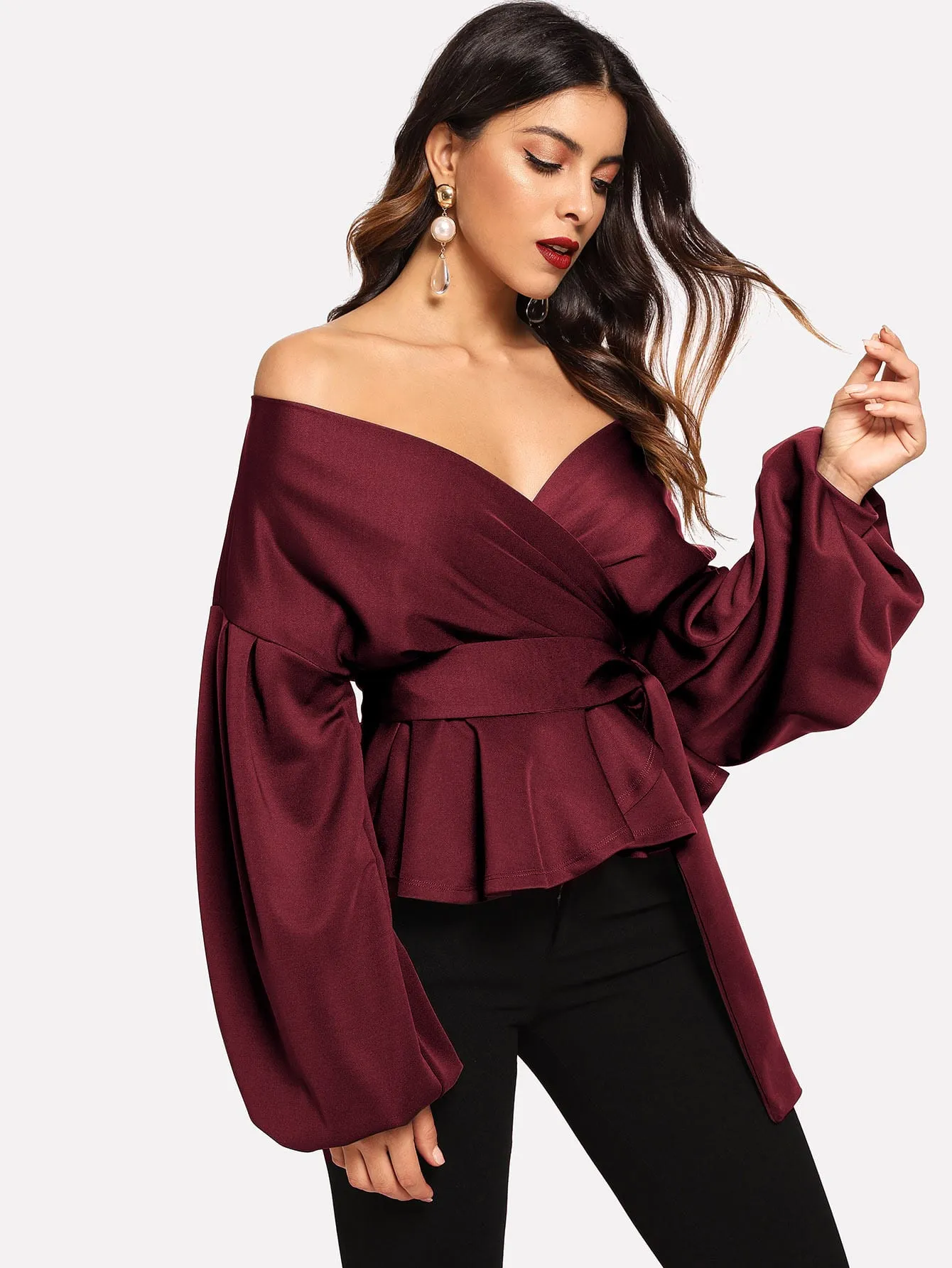 Unity Lantern Sleeve Belted Wrap Off Shoulder Top