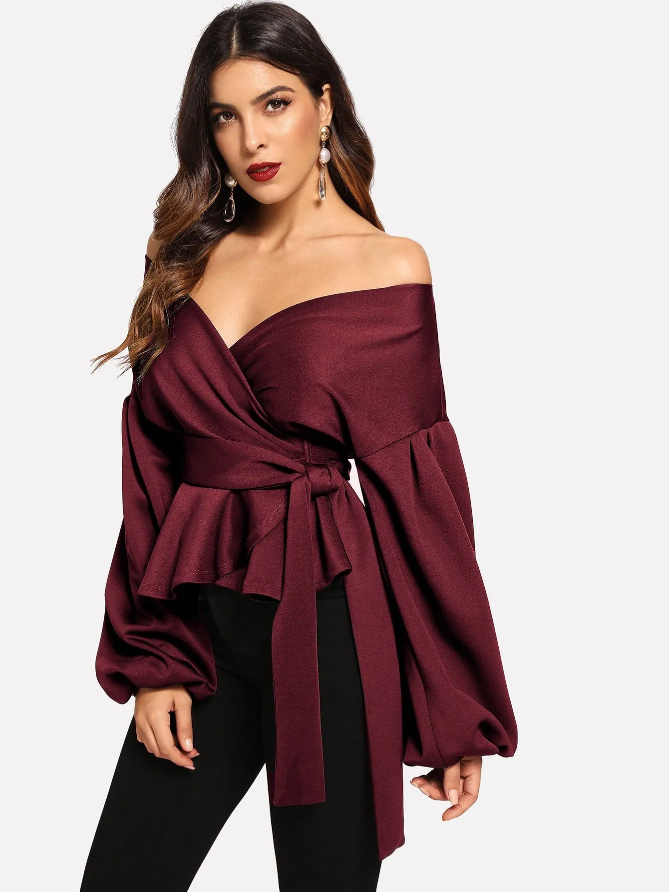 Unity Lantern Sleeve Belted Wrap Off Shoulder Top