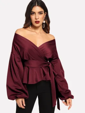 Unity Lantern Sleeve Belted Wrap Off Shoulder Top