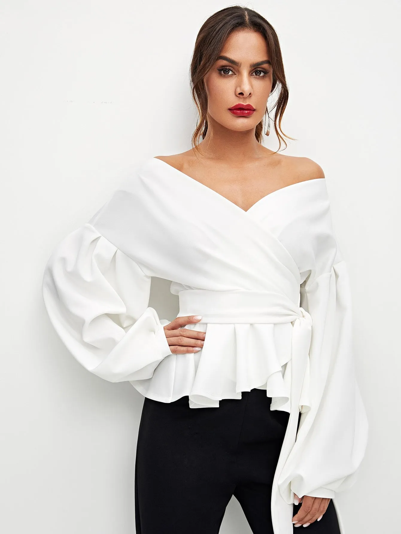 Unity Lantern Sleeve Belted Wrap Off Shoulder Top