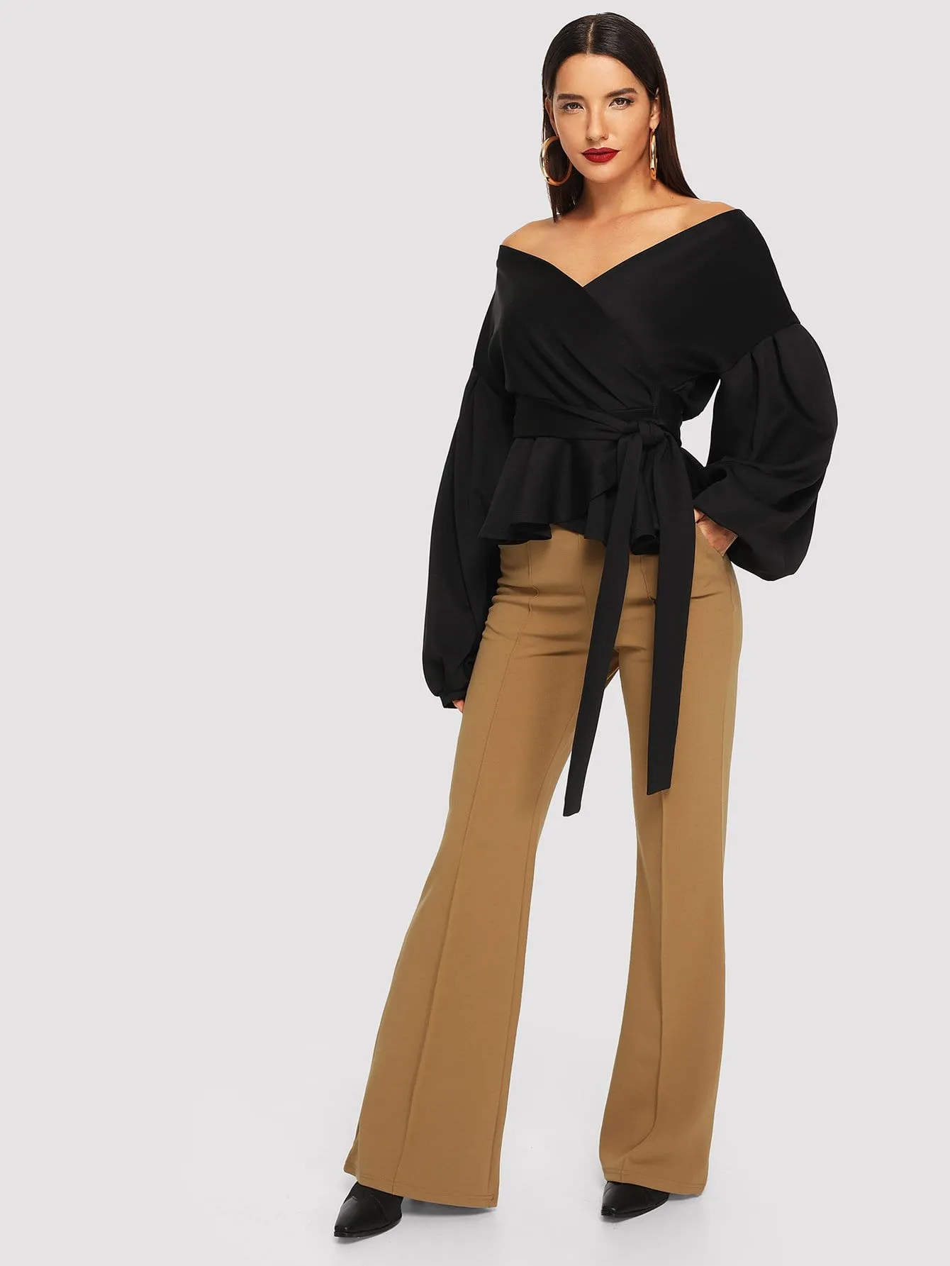 Unity Lantern Sleeve Belted Wrap Off Shoulder Top