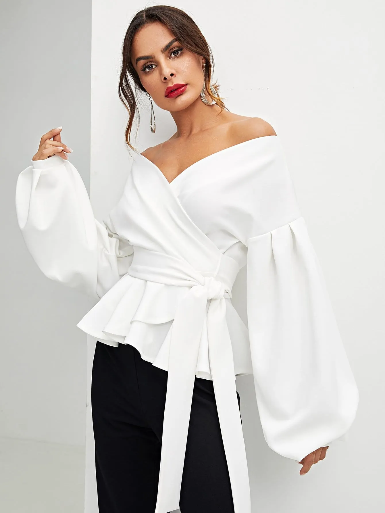 Unity Lantern Sleeve Belted Wrap Off Shoulder Top