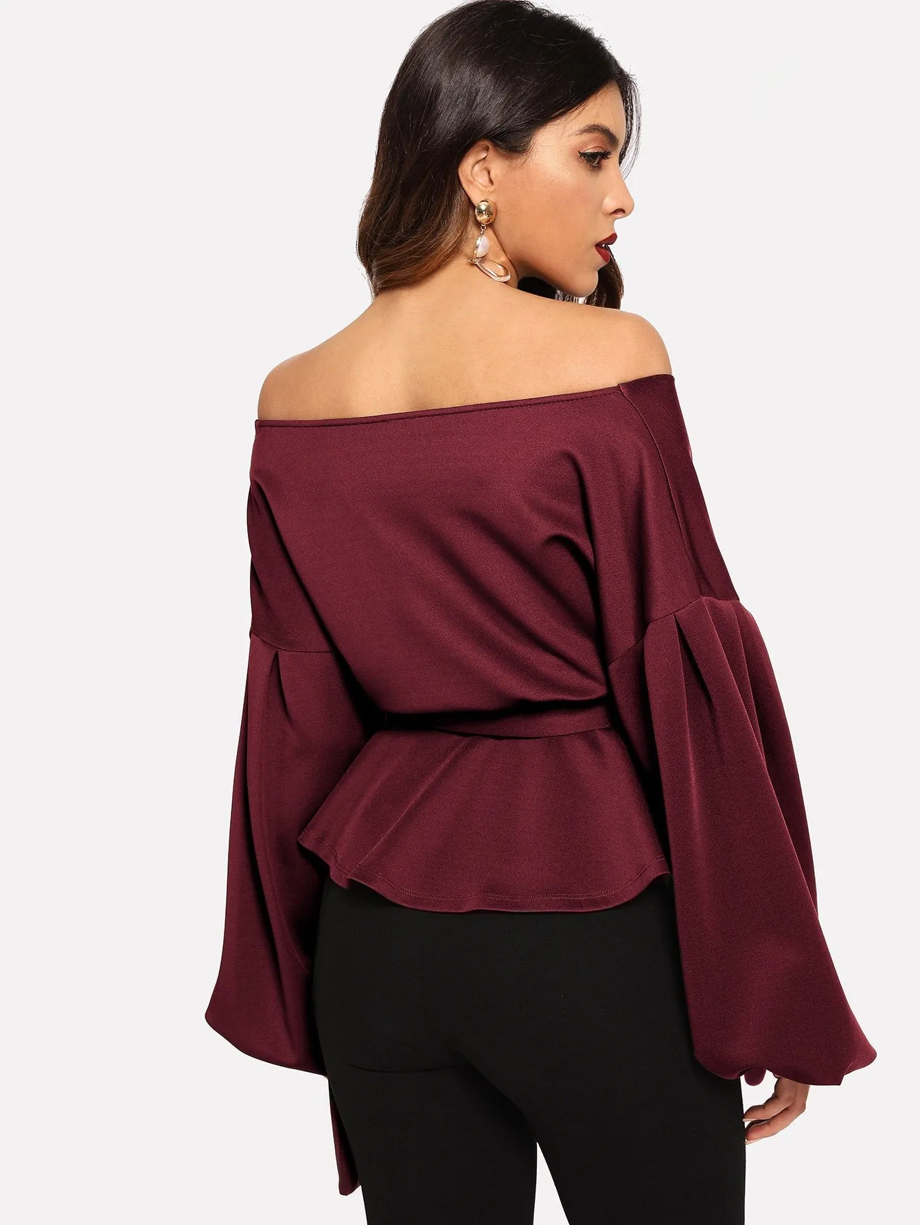 Unity Lantern Sleeve Belted Wrap Off Shoulder Top