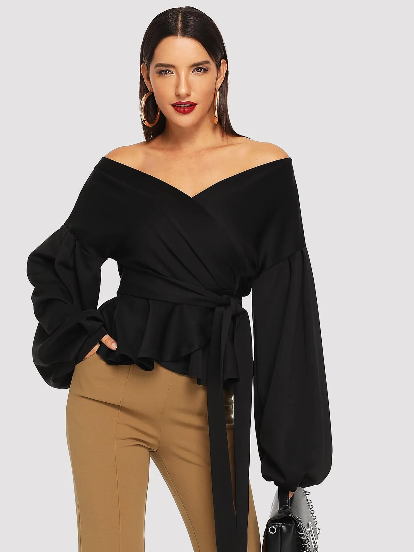 Unity Lantern Sleeve Belted Wrap Off Shoulder Top