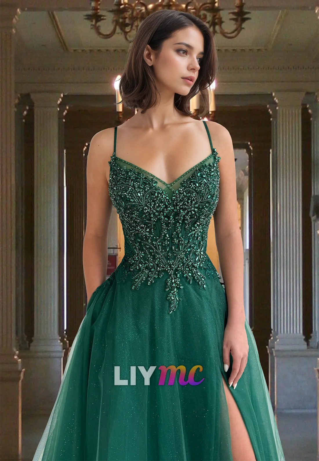 V-Neck Spaghetti Straps Appliques Beaded Side Slit A-Line Prom Dress