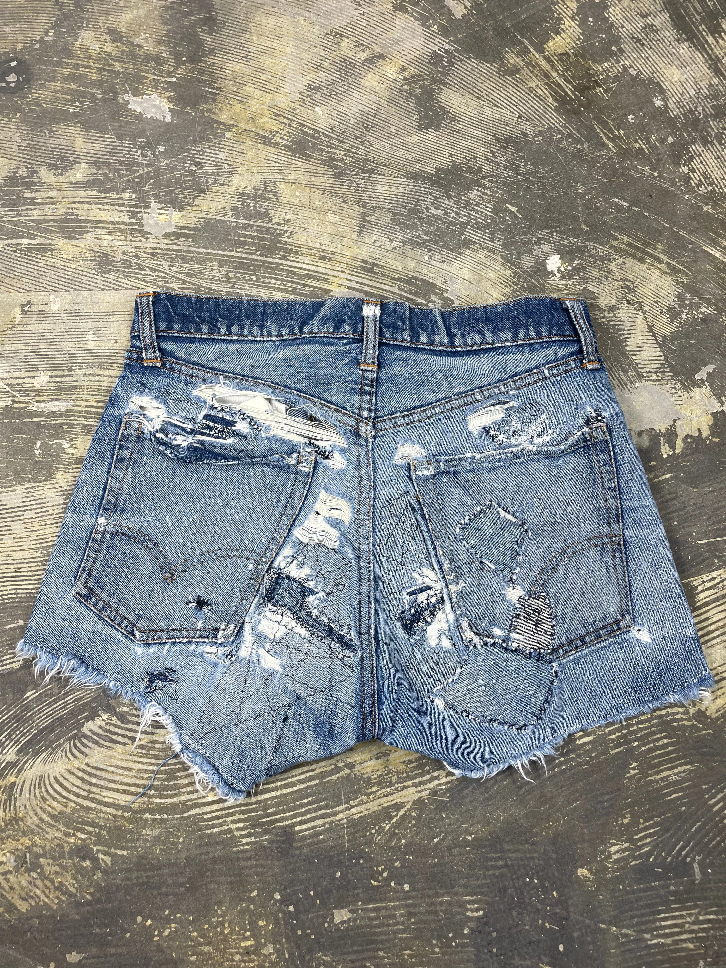 Vintage Levi Orange Tab "E" Crazy Repair Denim Cutoff Shorts (JYJ-128)