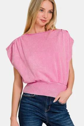 Washed Boat Neck Bottom Banded Dolman Sleeve Top