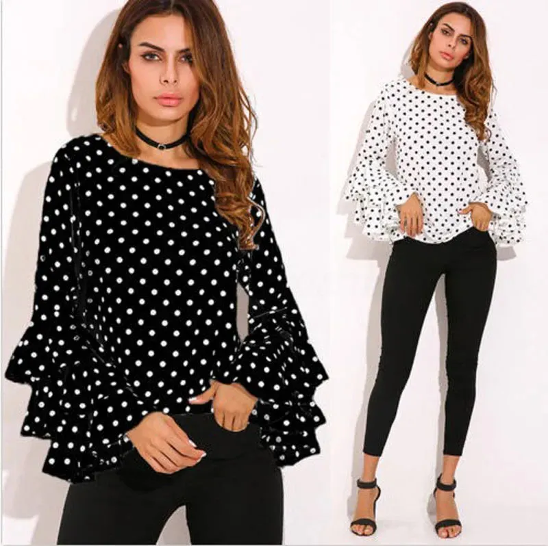 Women Polka Dot Ruffle Blouses Plus Size 3XL 4XL 5XL Tops Long Sleeves O-Neck Elegant Ladies Casual Office Shirt female Tunics