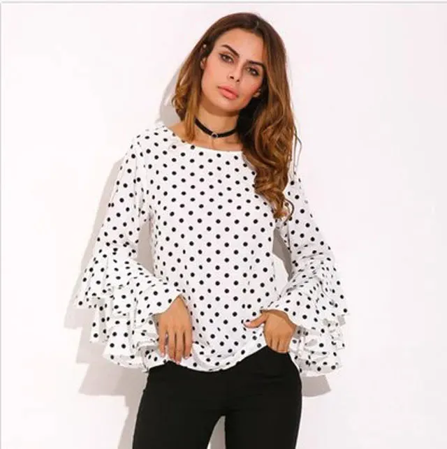 Women Polka Dot Ruffle Blouses Plus Size 3XL 4XL 5XL Tops Long Sleeves O-Neck Elegant Ladies Casual Office Shirt female Tunics