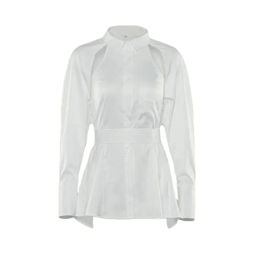 Women039s Blouses Shirts Women Button Down White High Street Long Sleeve Turn Collar Lady Backless Laceup Hollow Plain3821090