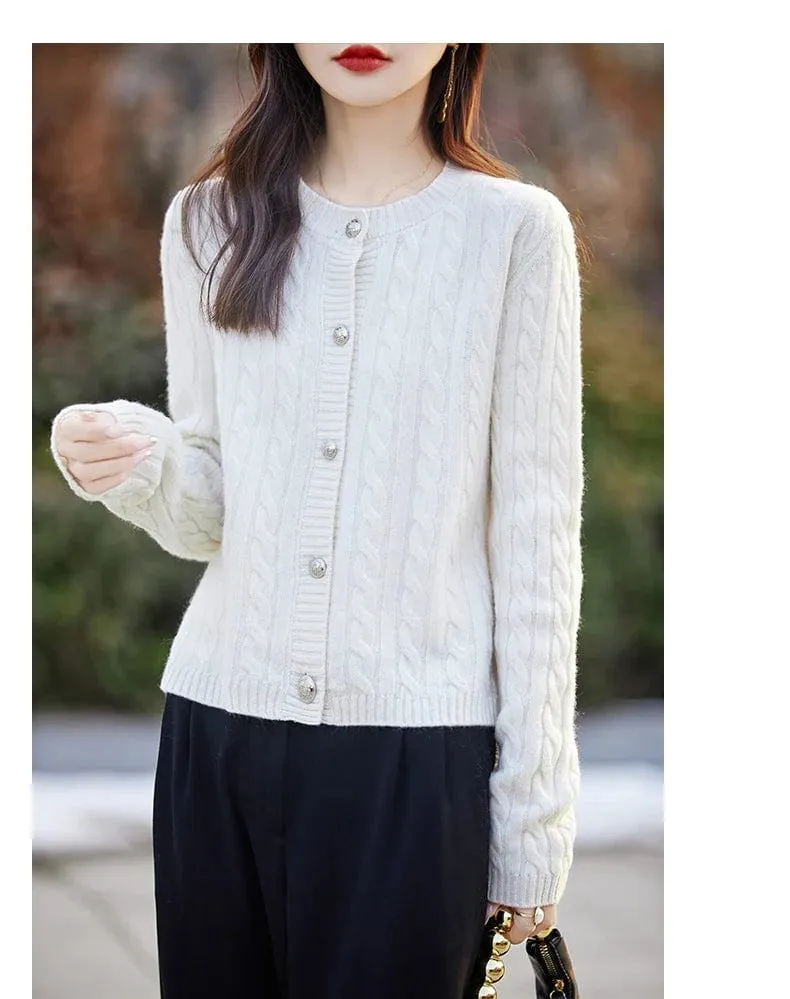 Women's wool cashmere  round neck twist thick long sleeve Sweater loose