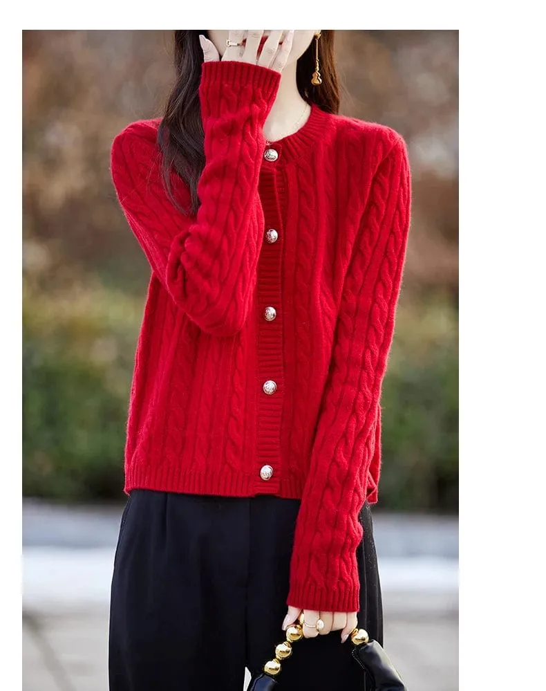 Women's wool cashmere  round neck twist thick long sleeve Sweater loose