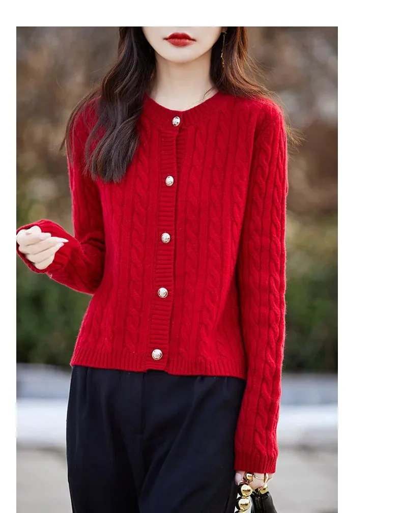 Women's wool cashmere  round neck twist thick long sleeve Sweater loose