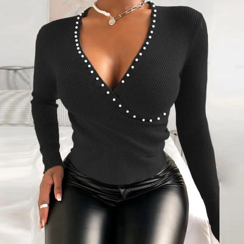 Wrap V-neck Rib Knitted Blouse