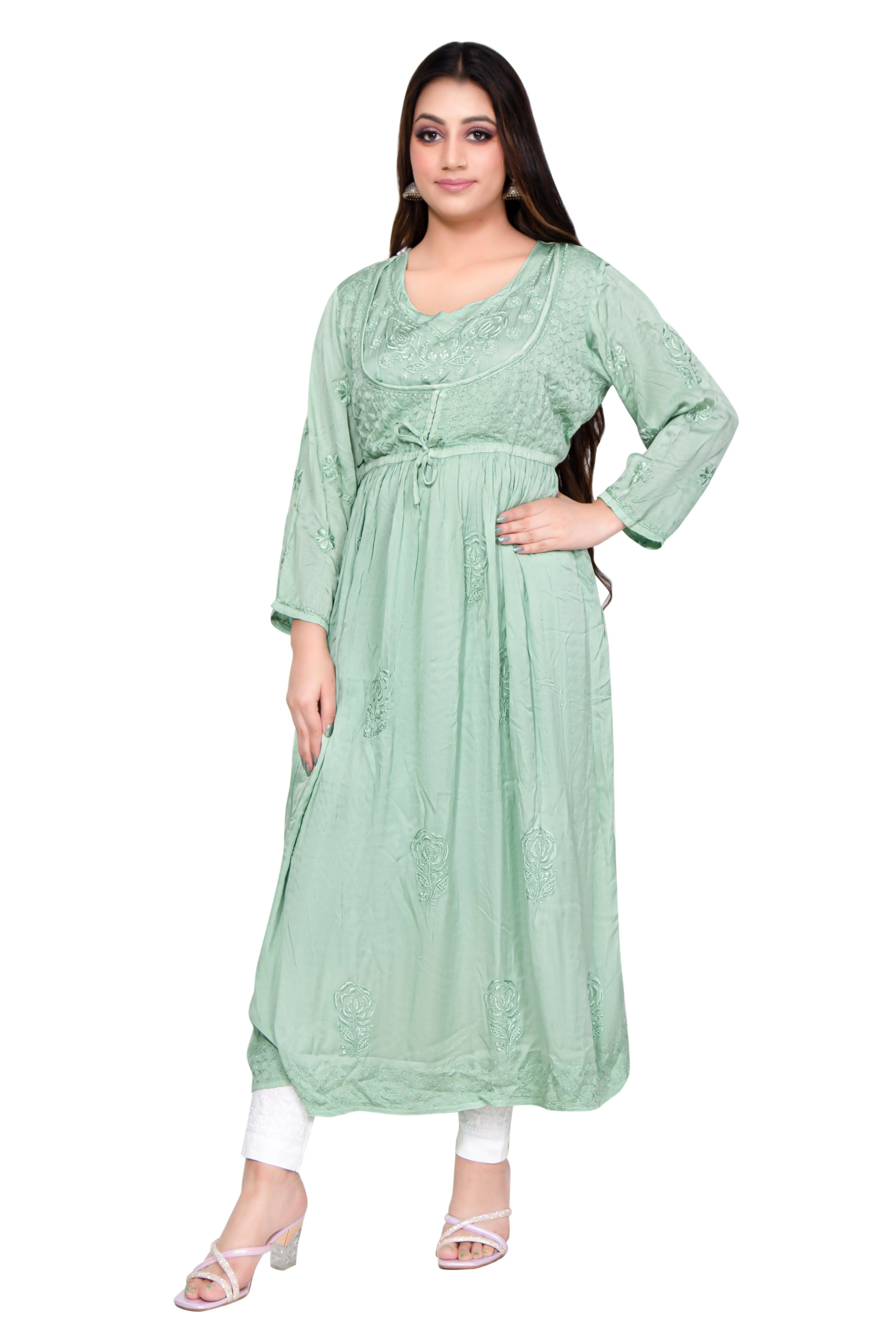 Zarah Lucknowi Chikankari Green Modal Satin Koti Style Long Gown