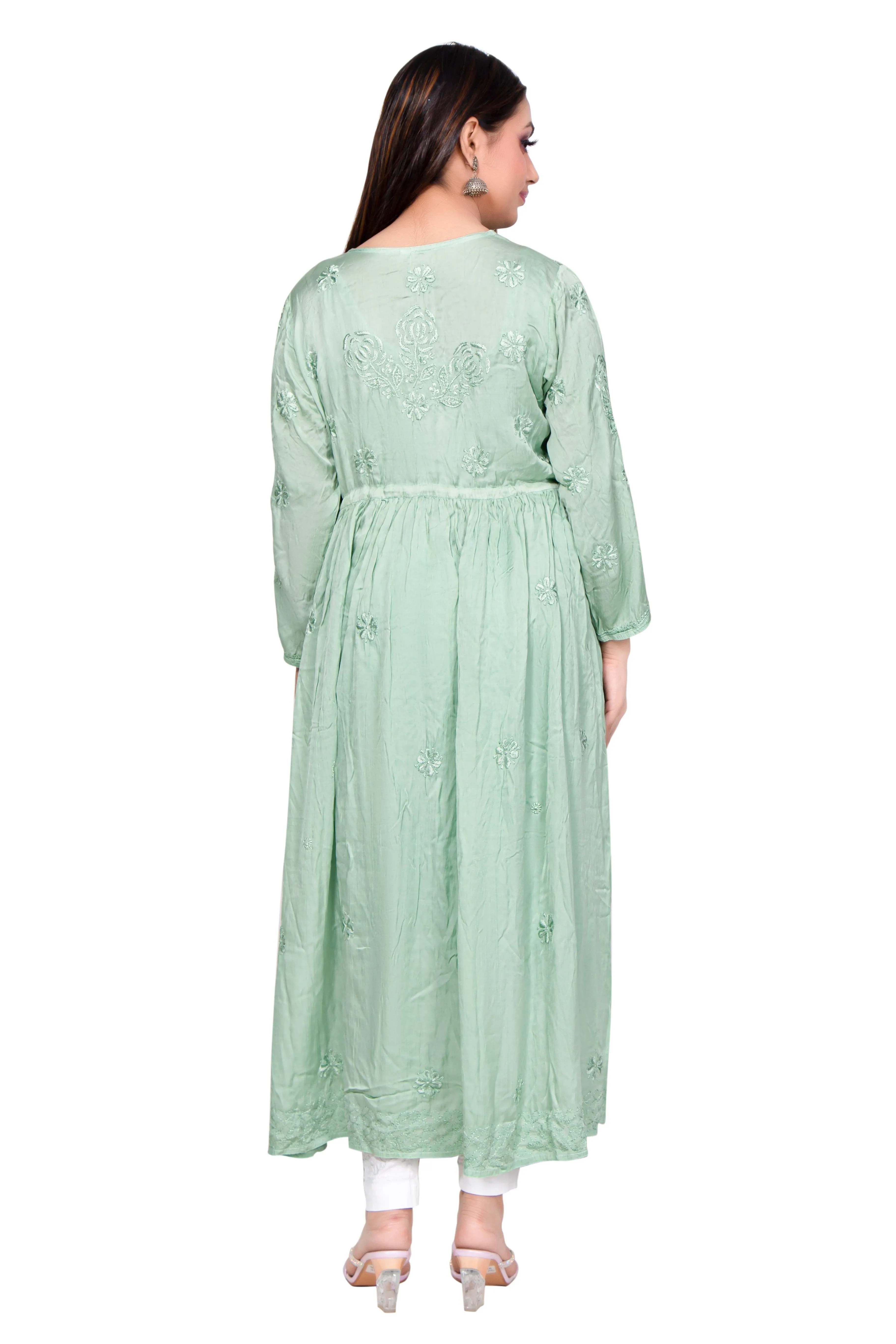 Zarah Lucknowi Chikankari Green Modal Satin Koti Style Long Gown