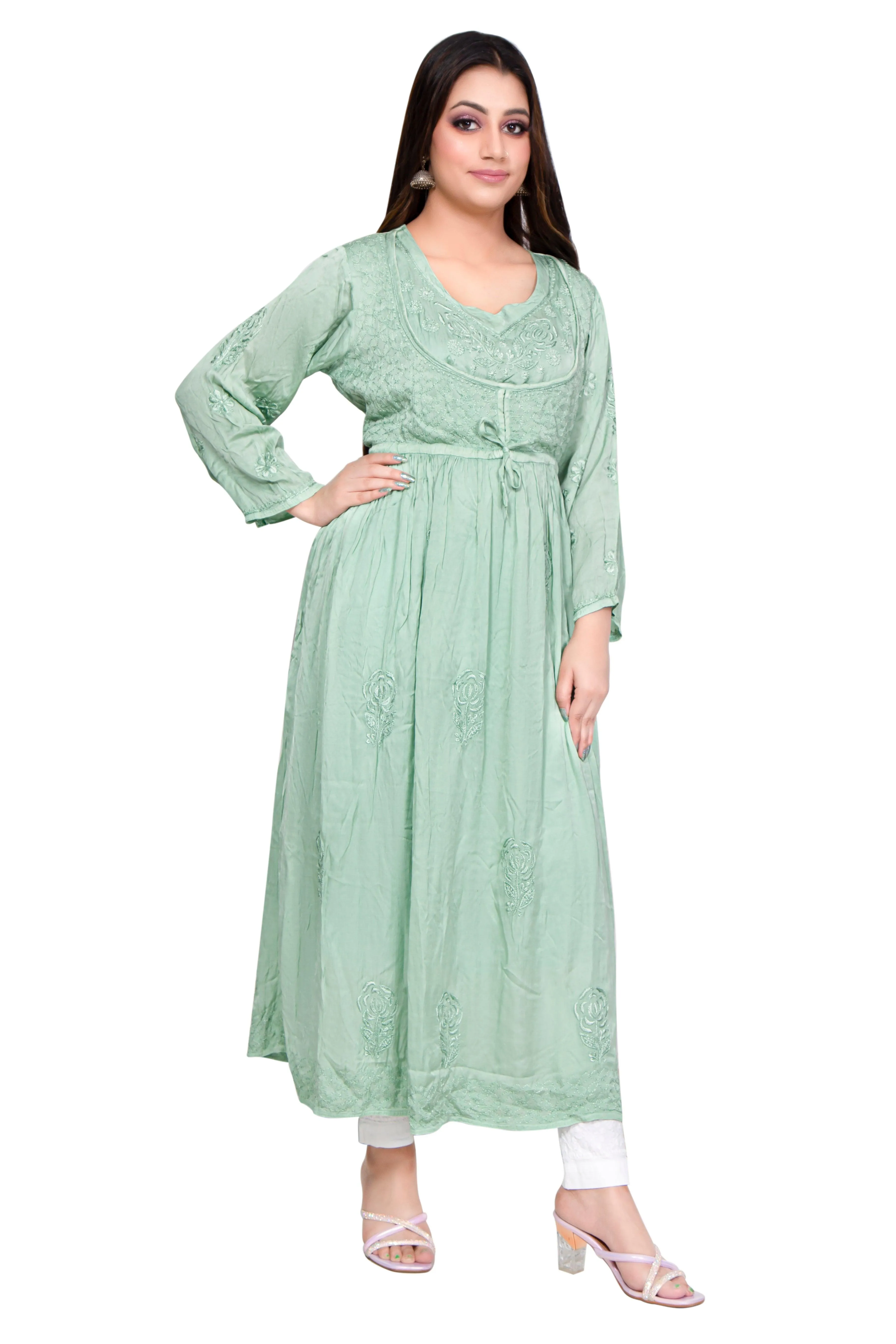 Zarah Lucknowi Chikankari Green Modal Satin Koti Style Long Gown