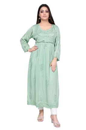 Zarah Lucknowi Chikankari Green Modal Satin Koti Style Long Gown