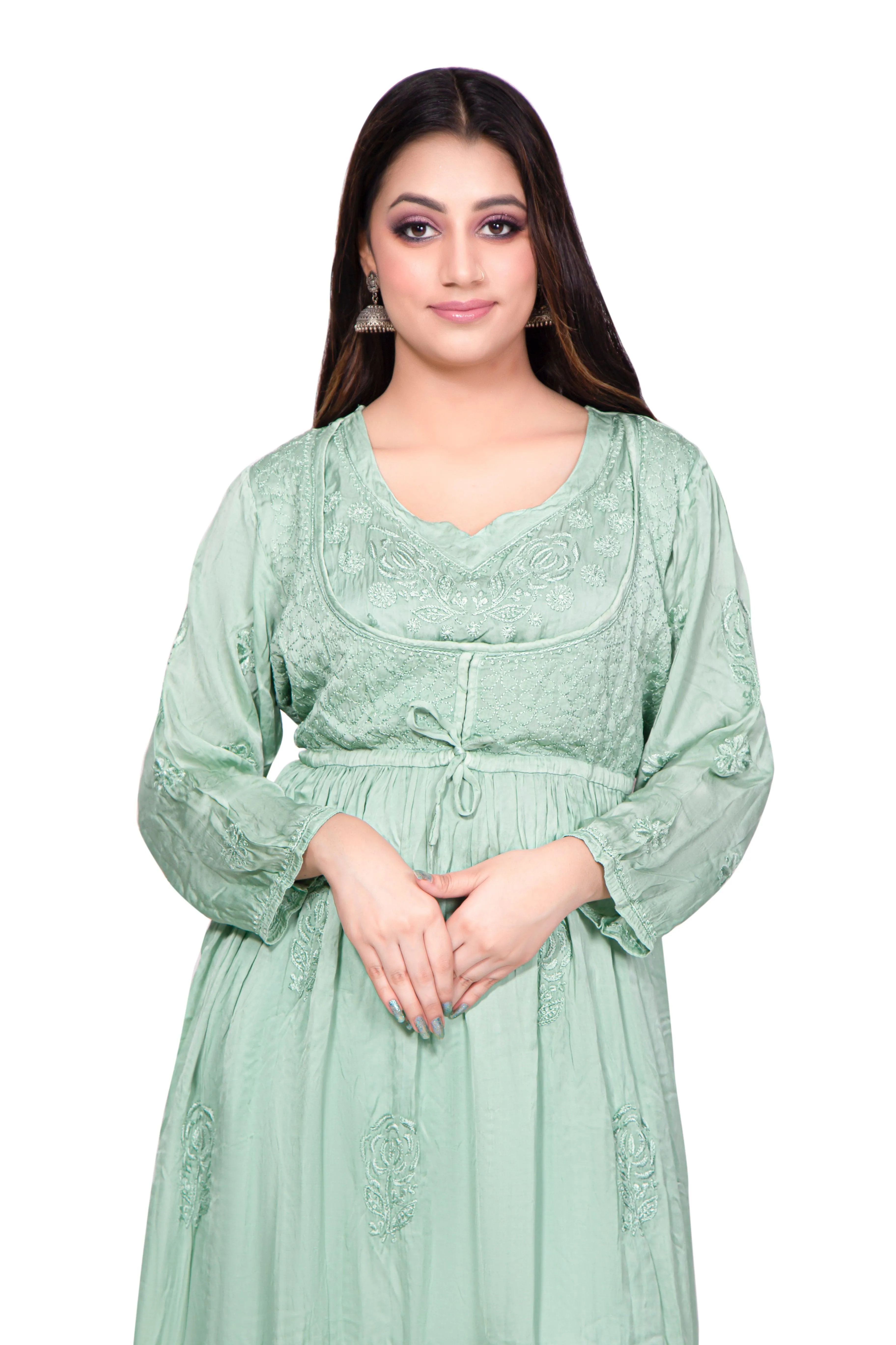 Zarah Lucknowi Chikankari Green Modal Satin Koti Style Long Gown